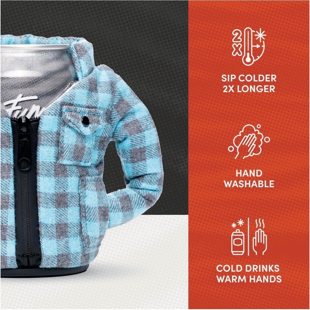 Puffin Drinkwear Flannel Plaid Shirt Can Cooler Cozy Fits 12oz 16oz Cans NWT - Picture 3 of 14